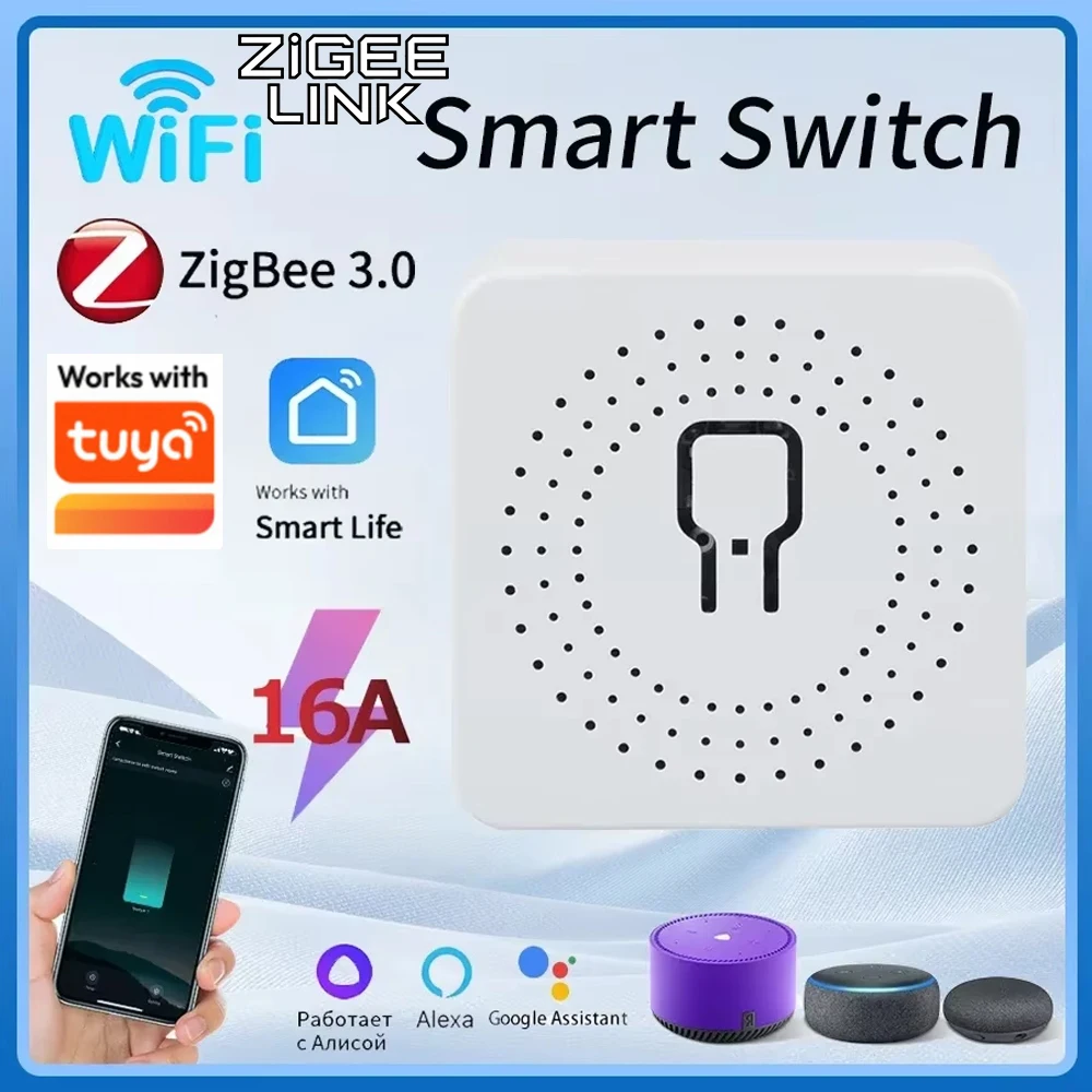 

Умный модуль мини-выключателя Wi-Fi/Zigbee 16А/20А с двухсторонним управлением, мини-выключатель-разрыватель для умного дома, совместим с Tuya, Alexa, Google, Алиса