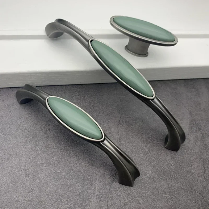 Premium European Style Pearl Gray Black Emerald Green Solid Ceramic Oval Drawer Pulls Cabinet Door Handles