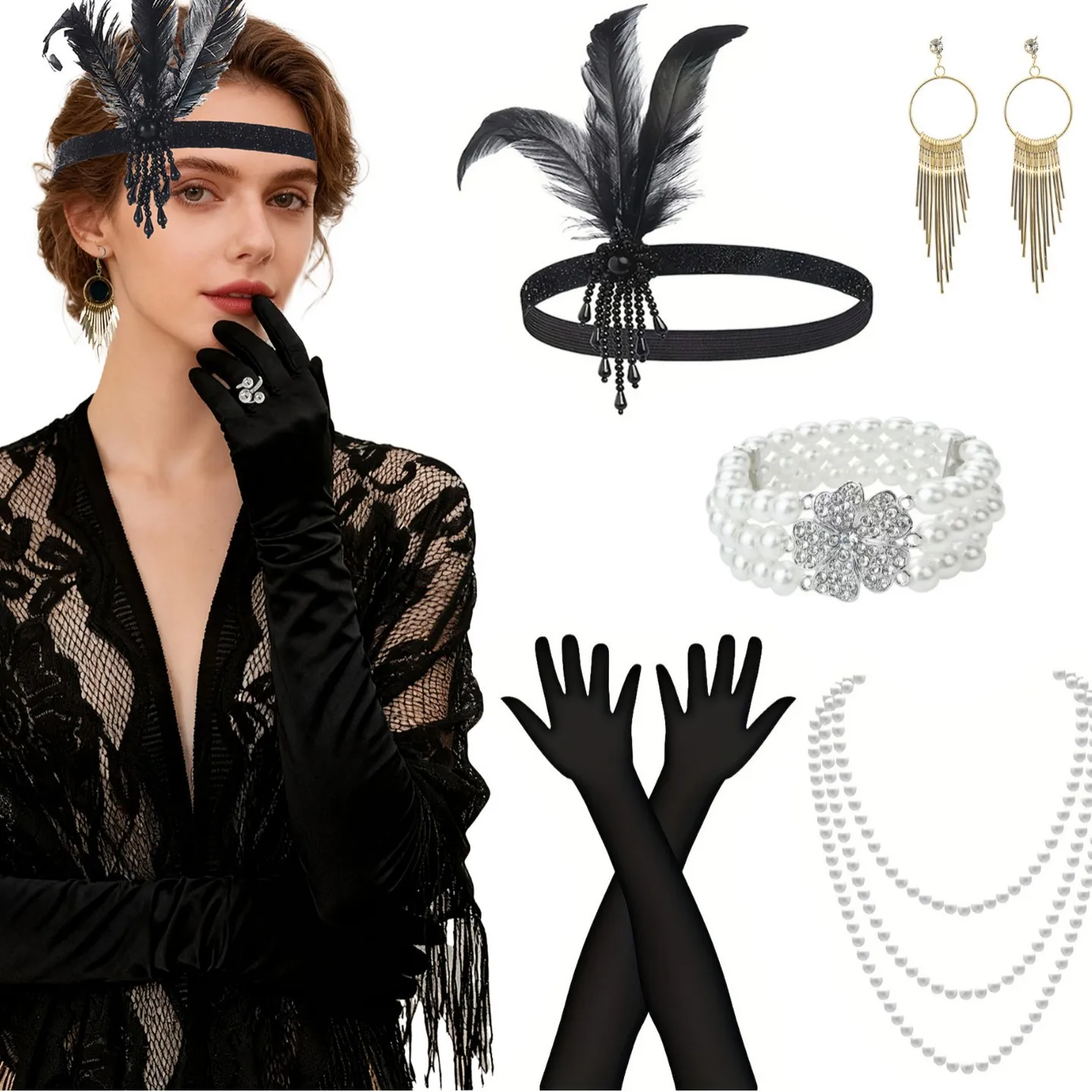 1920S Gatsby Party Feather Headband Ladies Ball Party Retro Decoration Necklace Earring Accessories Set Stage Performance