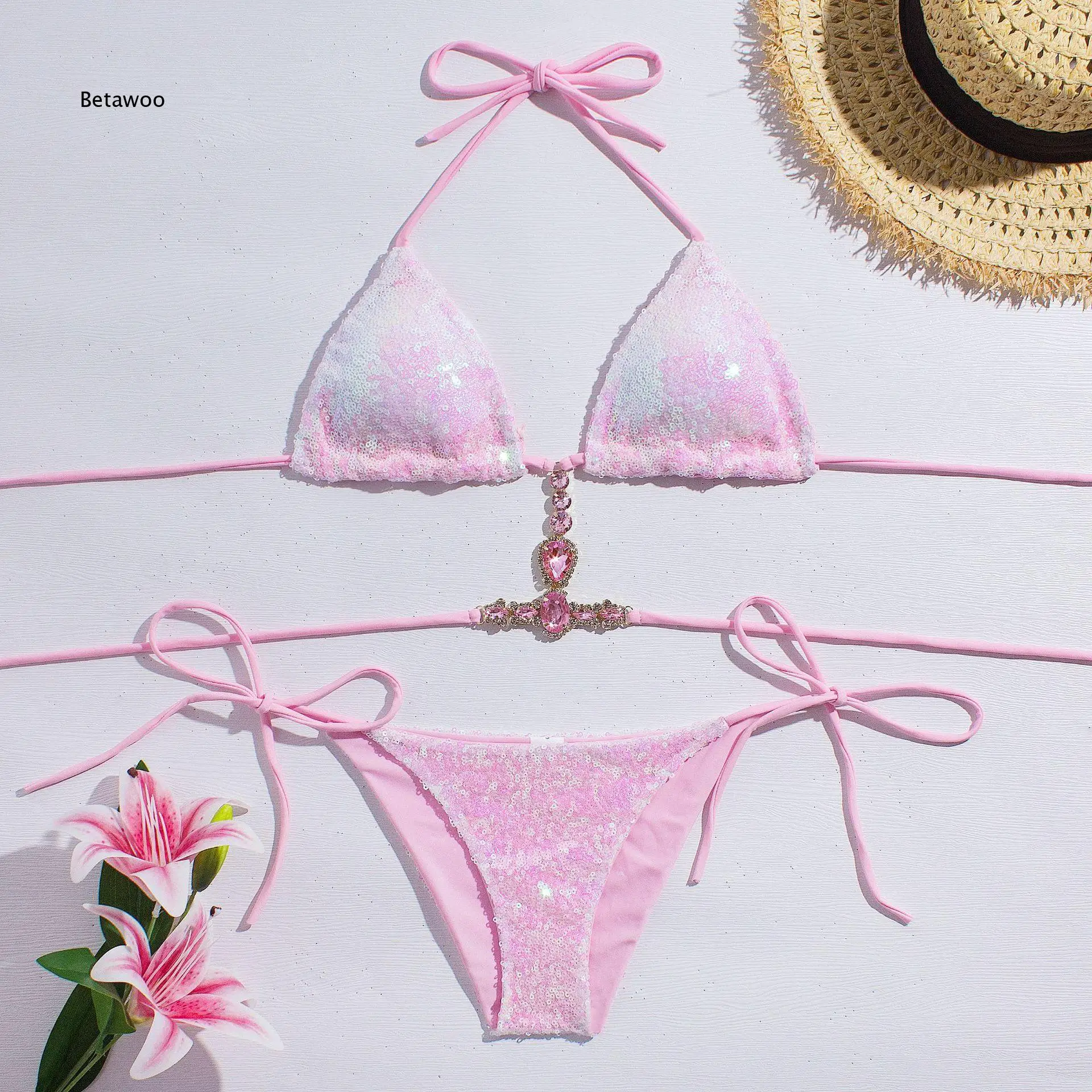 Women Sequined Rhinestone Decorated Two Piece Bikini Swimsuit Split Bathing Suit For Beach Pool Party Vacation And Seaside Holid