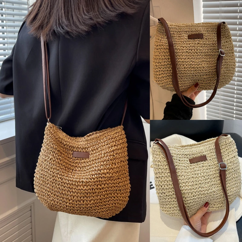 Summer Fashion Straw Bag Beach Holiday Crossbody Bag Shopping Large Capacity Woven Shoulder Handbag Messenger Ladies Women