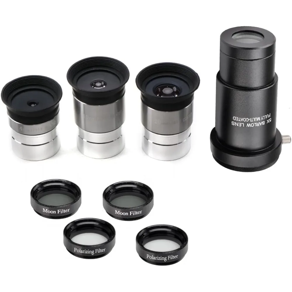 

Набор окуляров для телескопа 1,25 дюйма, 4 мм, 10 мм, 20 мм, линзы, 5X линзы Барлоу, лунные фильтры, поляризационные фильтры, оптика с многослойным покрытием