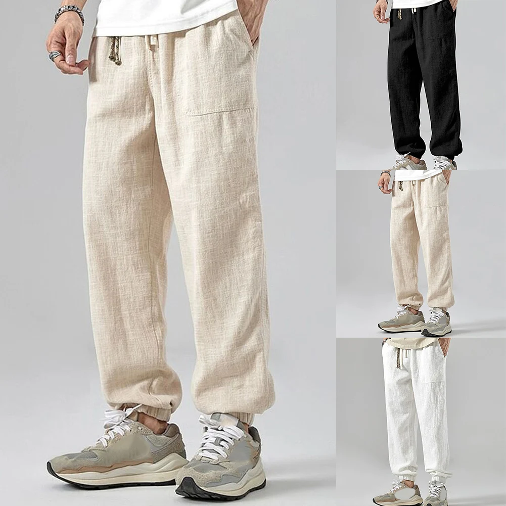 Mens Linen Casual Pants Drape Simple Leggings Thin Trendy Ice Silk Trousers