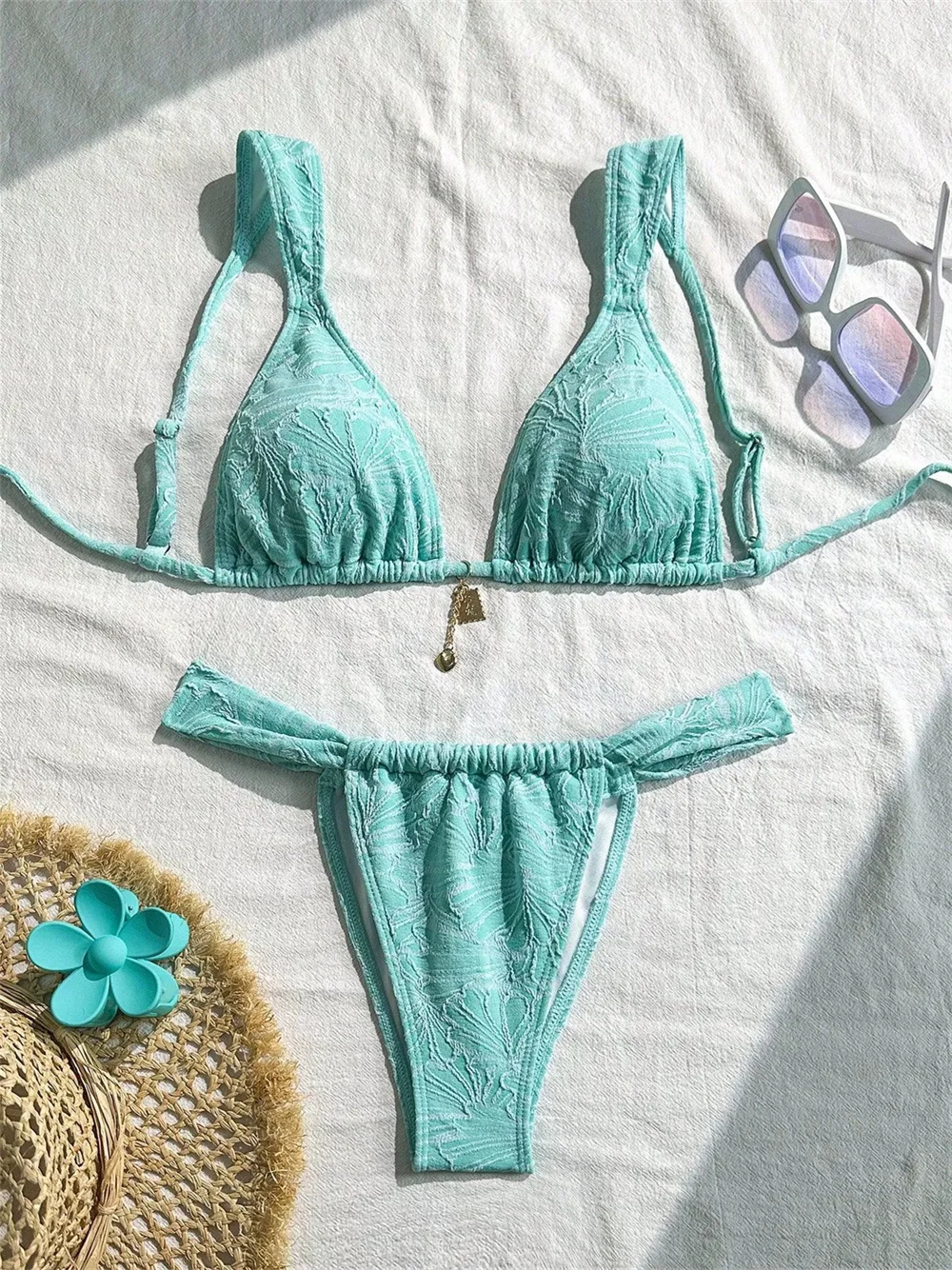 Sexy Jacquard Fabric Bikini Micro String Backless Lace Up Swimsuit Women 2 Piece Vacation Swimwear Korean Y2k Beach Outfit Thong