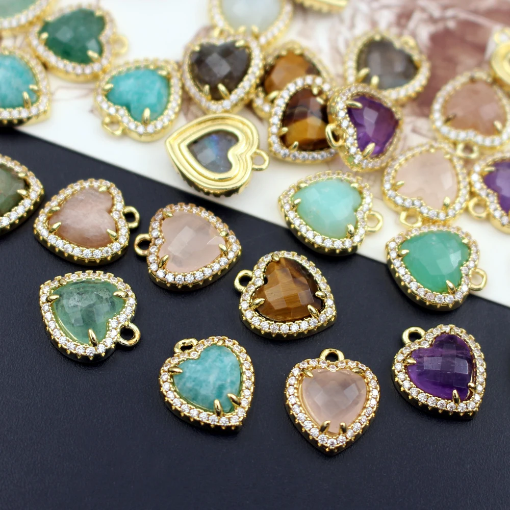 10pcs DIY Jewelry Accessories Heart Shape Natural Quartz Blue Amazonite Labradorite Stones CZ Zirconia Pendant Charms