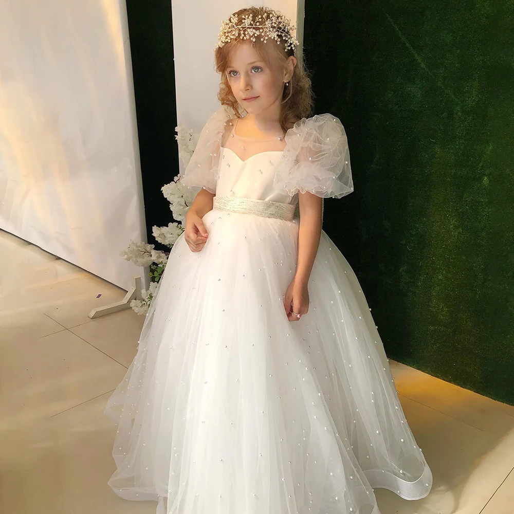 New Arrival Long Flower Girl Dress For Wedding Glitter Lace Tulle Full Sleeves Princess A-Line First Communion Dress Wedding