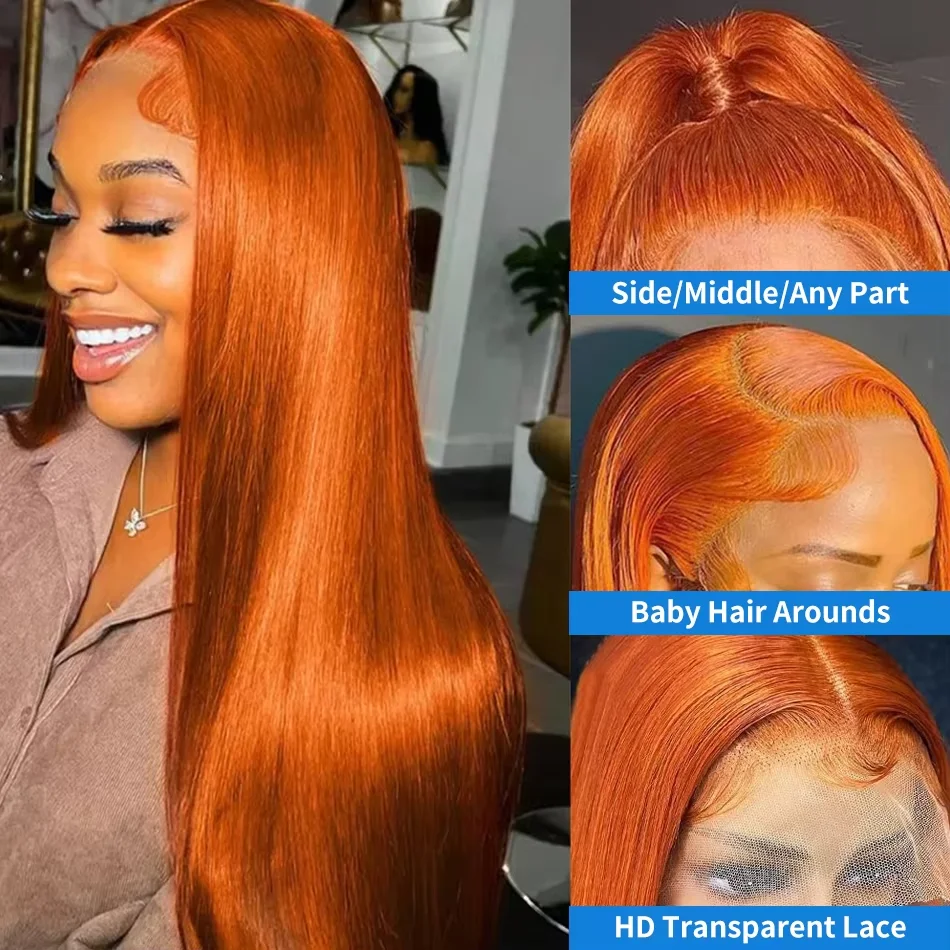 Brazilian 30 34 Inch Ginger Orange Bone Straight 13x4 13x6 HD Transparent Lace Frontal Human Hair Wig Pre-plucked 200% For Women