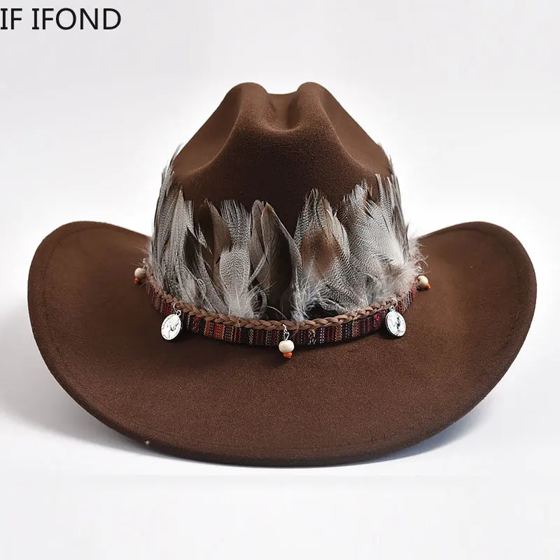 New Vintage Feather Decoration Western Cowboy Hats for Men Women Fashion Wide Brim Church Jazz Hat Sombrero Hombre Caps