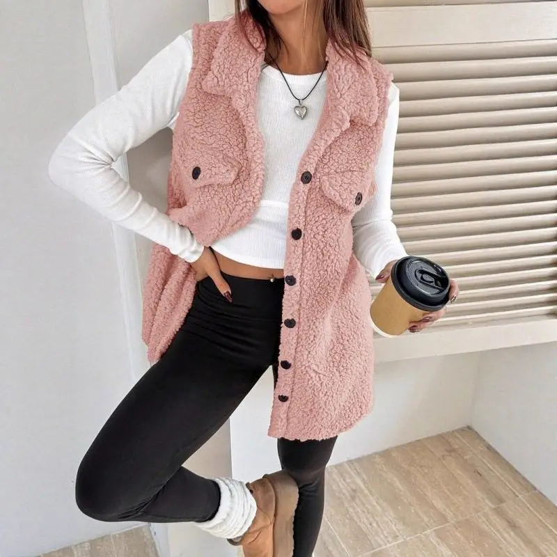 Loose Fit Lamb Fur Vest Outerwear Open Cardigan Style Commute European Style Women's Fashion Mixed Fabric Collarless Coat