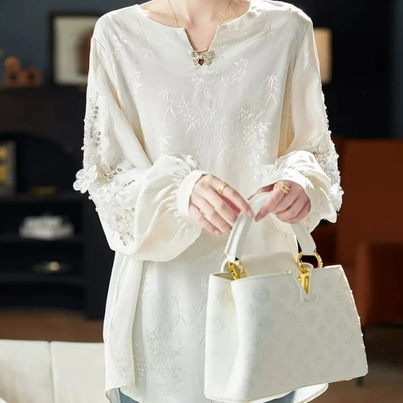 

Chinese Style Beaded and Sequined Jacquard Blouse Women Spring Autumn Loose Long-sleeved Chiffon Shirt Cuff Spliced Tops