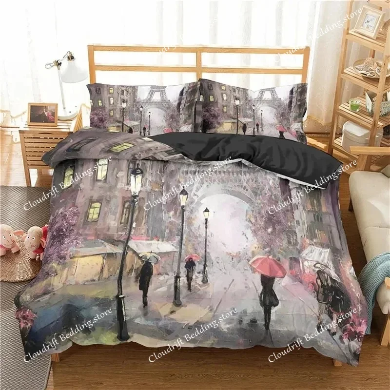 Eiffel Tower Duvet Cover Romantic Couple Flower King Comforter Cover Microfiber France Paris Cityscape Bedding Set For Girl Teen