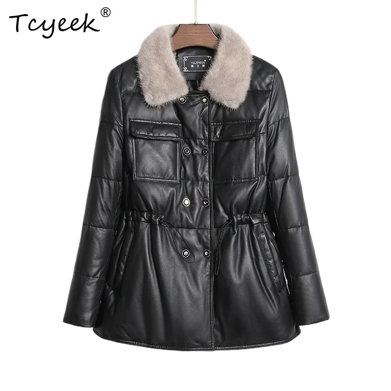 Tcyeek جلد الغنم الحقيقي الخريف الشتاء ساحة طوق بأكمام طويلة سميكة فرو المنك طوق متوسطة طويلة المرأة الأبيض بطة أسفل سترة