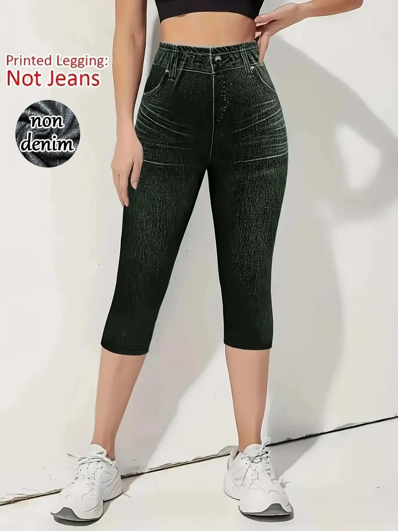 

Women's Non-Denim Faux Denim Print 7/8 Length Leggings, Casual Skinny Outdoor Sports Yoga Pants, Soft Skin-Friendly Beach Pants