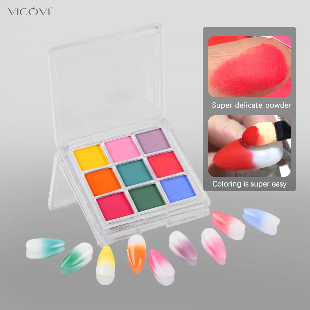 Kit de polvo degradado sólido para uñas, paleta de colorete, pigmento de 9 colores, decoración de uñas, brillo fino mate, potencia y brillo, 1 caja