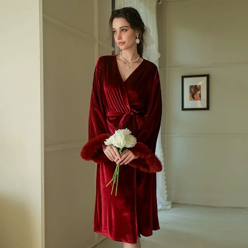

Новый свадебный халат невесты, женская велюровая одежда для сна, роскошное кимоно с перьями, бархатный халат подружки невесты, длинная ночная рубашка