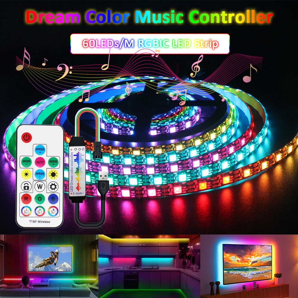 5V Dream Color LED Strip Light USB Full Color RF 17Keys USB Music Controller 60LEDs/M pixel 5050 RGB Addressable RGBIC WS2812B