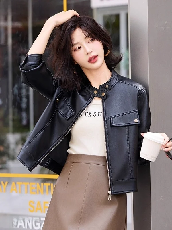 Giacca in Pelle da Donna alla Moda con Colletto Alto e Chiusura a Cerniera, Vestibilità Slim, Cappotto in Pelle di Pecora, Nuova Collezione Autunnale dalla Cina