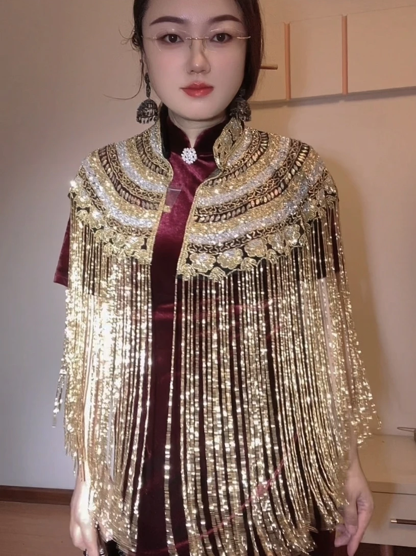 Indian Heavy Industry Beaded Shawl Long Tassel Cheongsam Cloud Shoulder Handmade Beaded Fashion Show Shawl Dubai Arab Gown Shawl