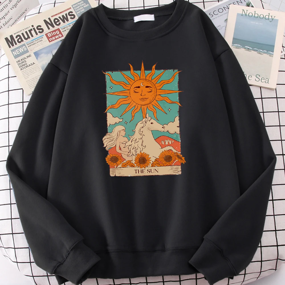 Tarot Card Art The Sun Printed Male Hoodies Vintage Casual Pullover Street Retro Clothing Autumn Fleece Sweatshirts Mens Hoodie