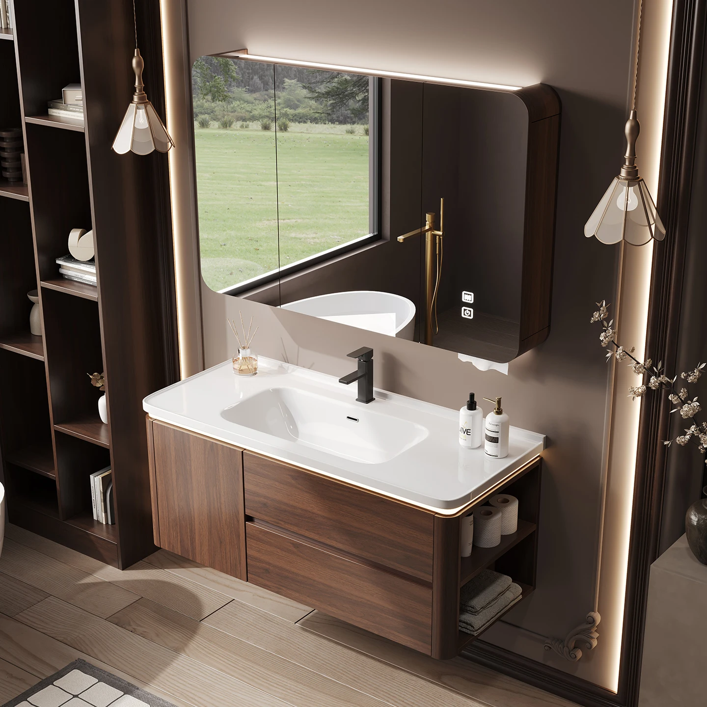 

Medieval Walnut Color Arc Bathroom Cabinet Combination Bathroom Ceramic Integrated Washing Table Wash Basin