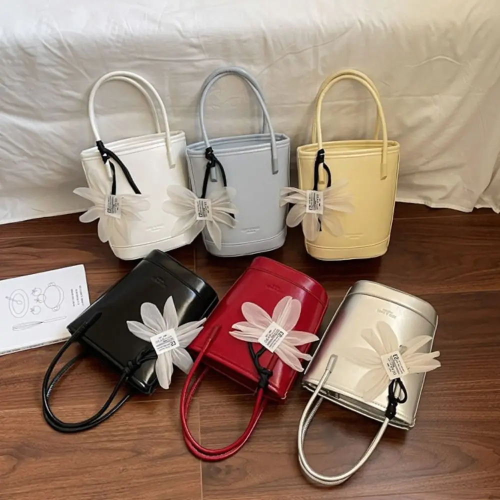 

Cute Pu Leather Flower Bucket Bag with Pendant Large Capacity Women's Handbag Solid Color Elegant Crossbody Bag Student
