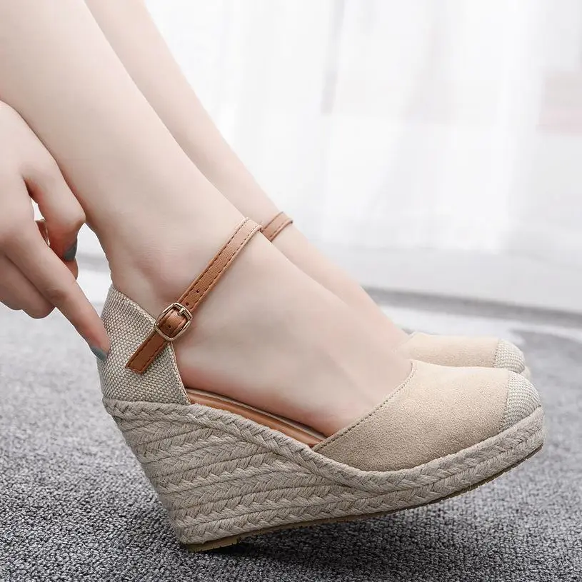 2024 new 9cm Women Wedge High Heels Mary Jane Platform Heel Sandals Round Toe Shoes Black Beige Fashion Woven Heel Ladies Pumps