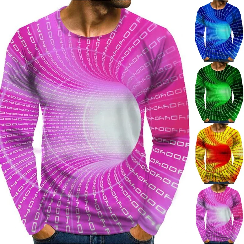 Men's Graphic optical illusion T-shirt Print Long Sleeve Daily Tops Streetwear Exaggerated Round Neck Blue Blushing Pink Green