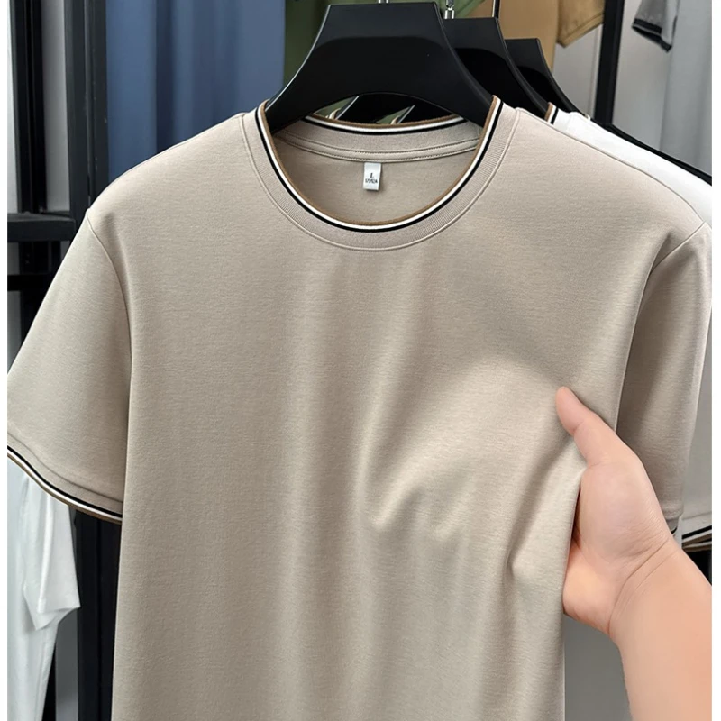 Summer Men's Breathable Threaded T-shirt High-quality Cotton Casual Short Sleeved Loose T-shirt Round Neck Pullover Size 4XL-M