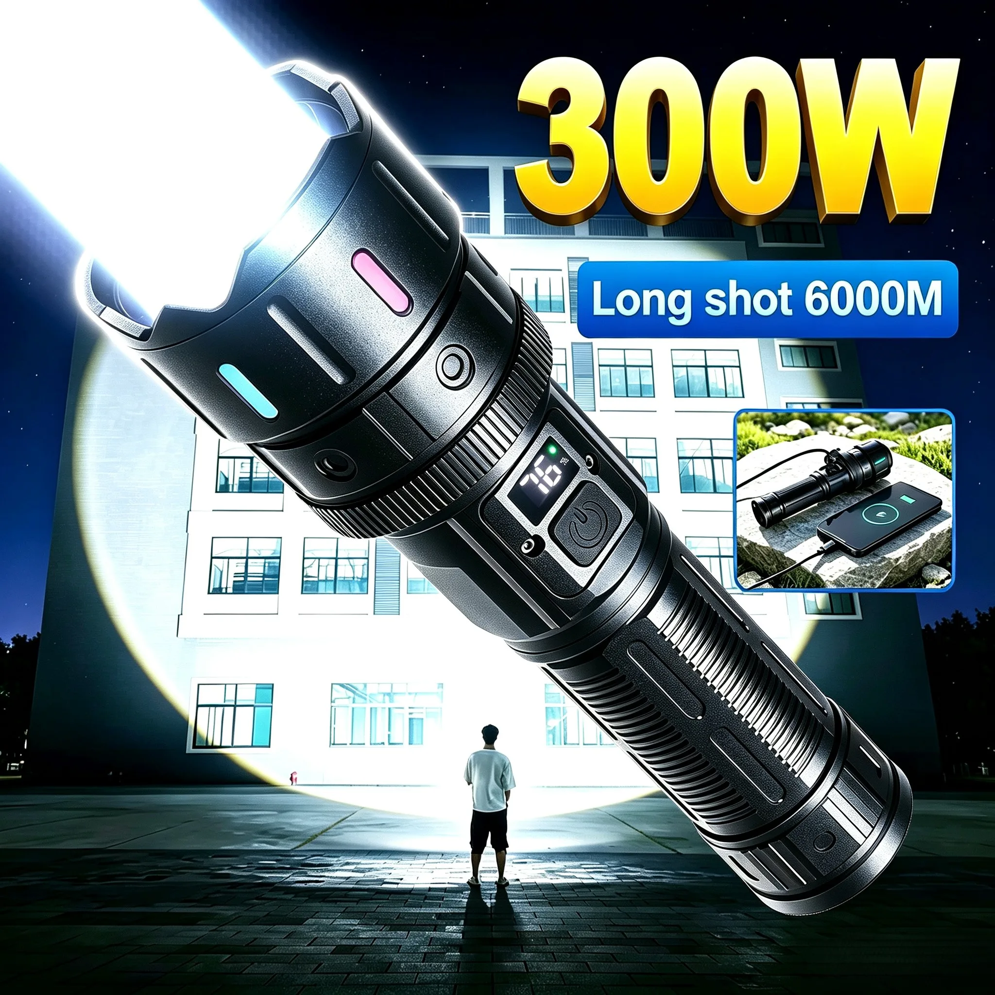 Super Bright LED Flashlight Long Shot 6000M Tactical Torch Type-C Rechargeable Zoomable Waterproof Outdoor Camping Hunting Lamp