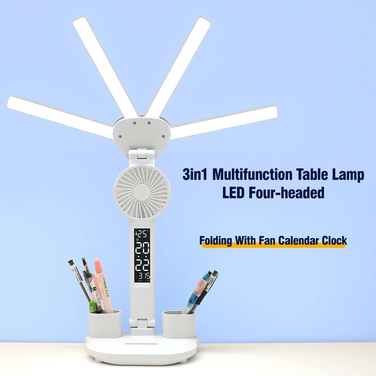 

3 In 1 Multifunctional Desk Lamp LED Book Lamp Four-Head Folding Fan Calendar Clock USB Rechargeable Desk Light Reading Light