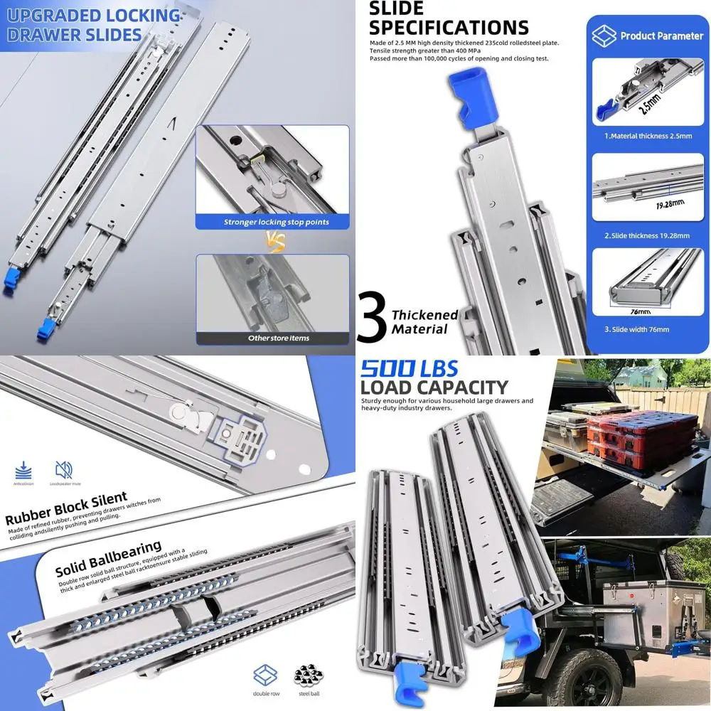 

Upgraded Heavy Duty 500Lbs Locking Slides, Pair, 16-40 Extension, Ball Bearing Rails, RV Cabinet Glides (76mm Lock)