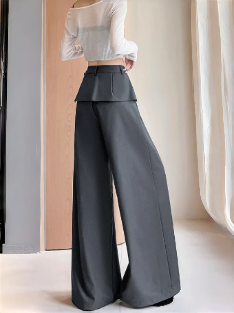 2026 New Spring Summer Women's Fake Two Piece Wide Leg Suit Pants Single Breasted Design Commute Slim Elegant Casual Trousers