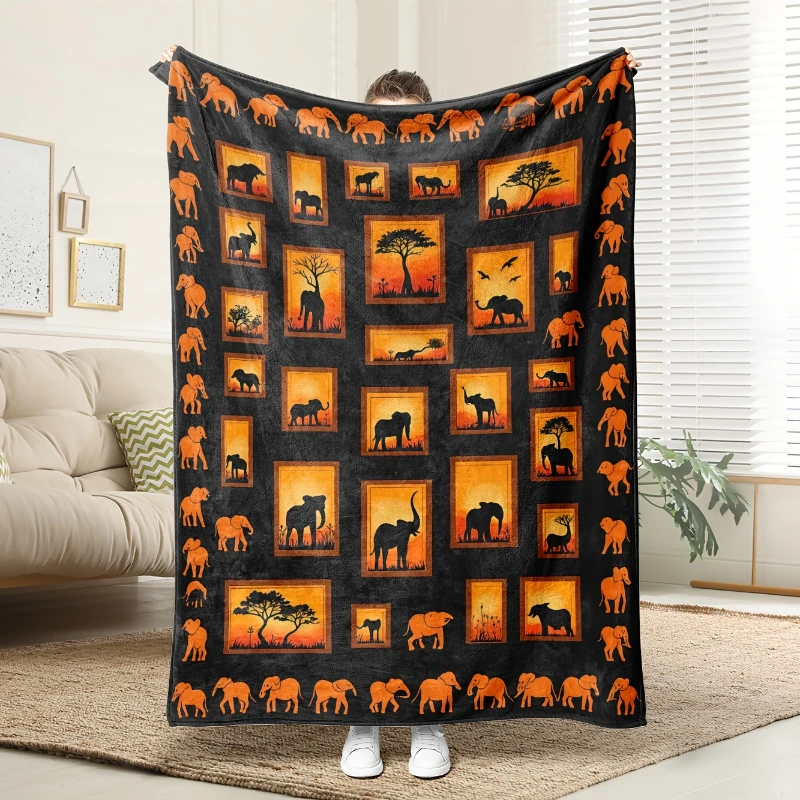 African Elephant Silhouette Sunset Frame Throw Blanket,Soft Sofa,Bed Cover,Study Corner,Anniversary Wildlife Present