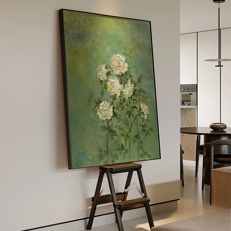 French retro white rose hand-painted oil painting green decorative painting in the entrance corridor