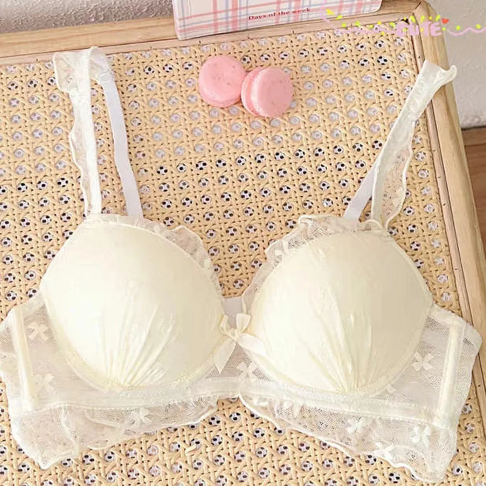 SP&CITY Sweet Lace Mesh Cute Bras For Women Thin Small Chest Gathered Sexy Brassier Bow Embroidery Ruffle Wire Free Soft Bra