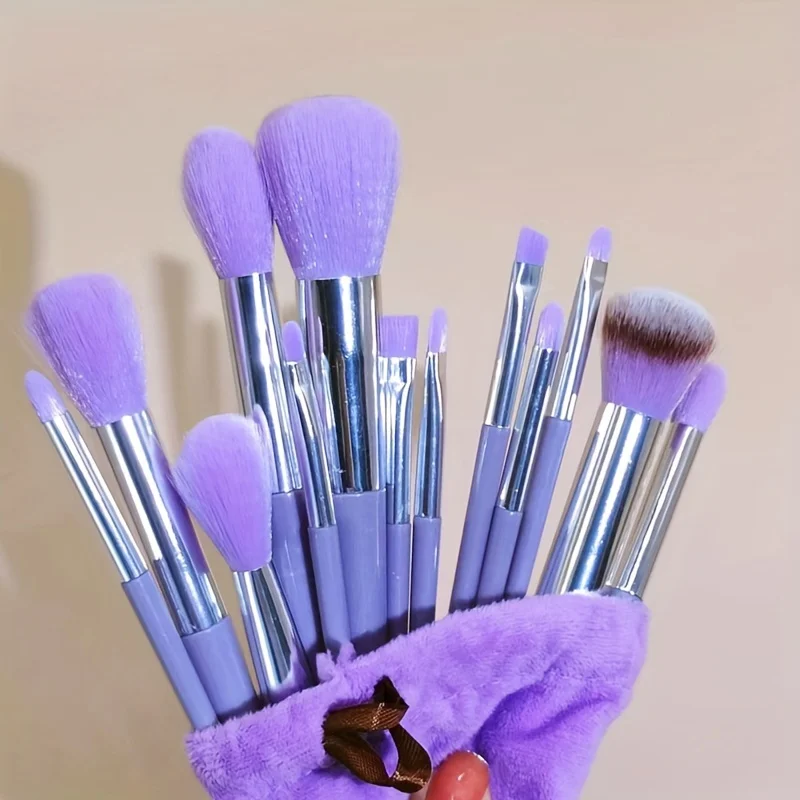 13pcs Purple Makeup Brushes Set With Storage Bag & 2pcs Makeup Sponge, Eyeshadow, Concealer, Professional Beauty Brush