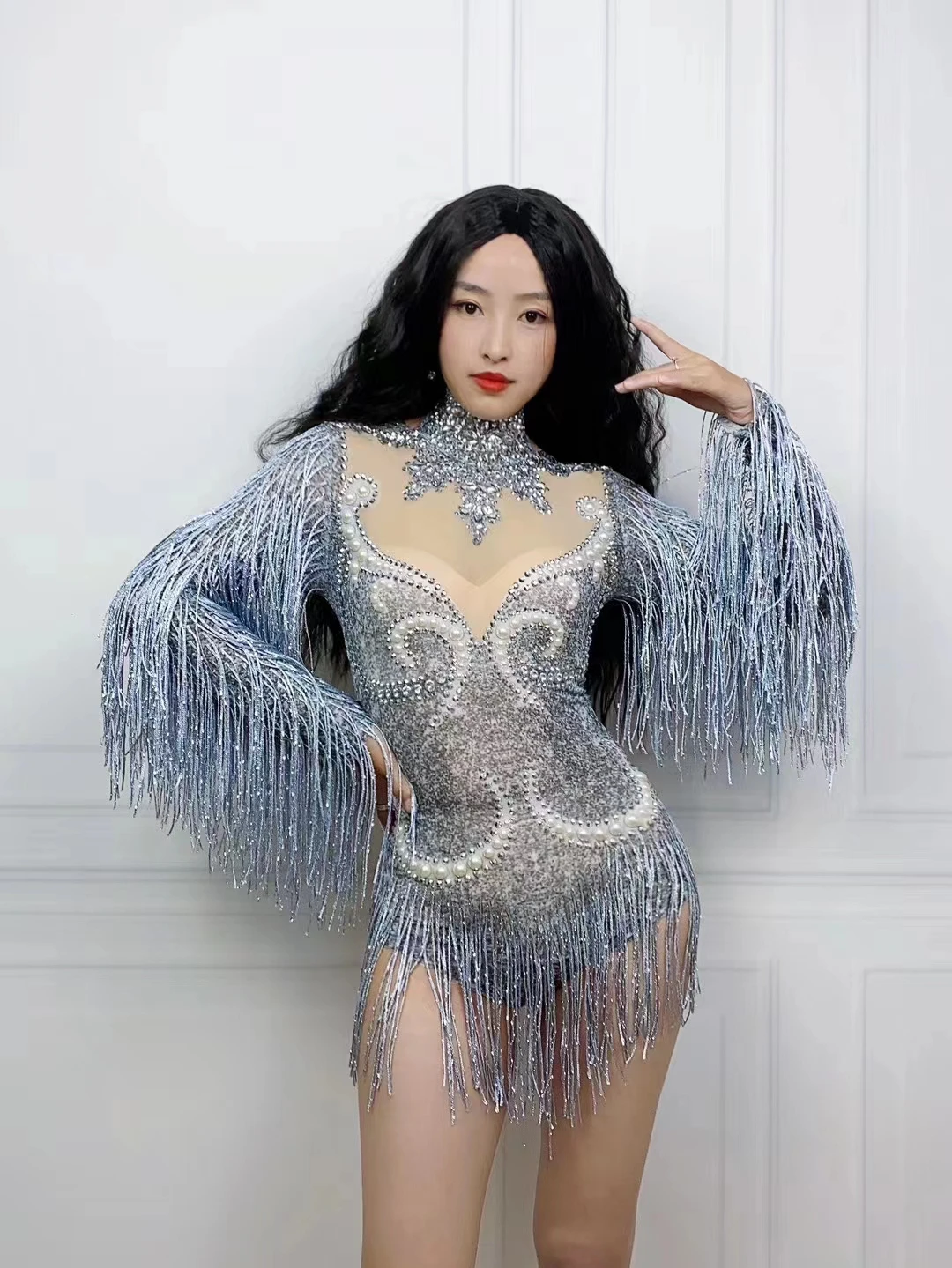 Fashion Gray Fringe Silver RhinestonesPearlsTransparent Bodysuit Women DanceShowCostume Birthday Party Outfit  D025