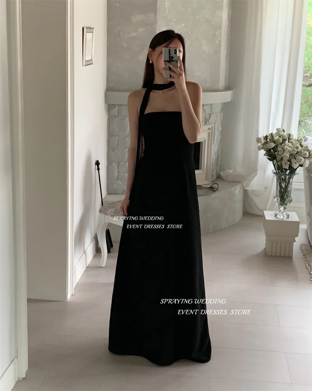 SPRAYING Korea Strapless Black Wedding Dress Korea Photoshoot A Line Sleeveless Bridal Gown Spandex Floor Length Bridal Dresses