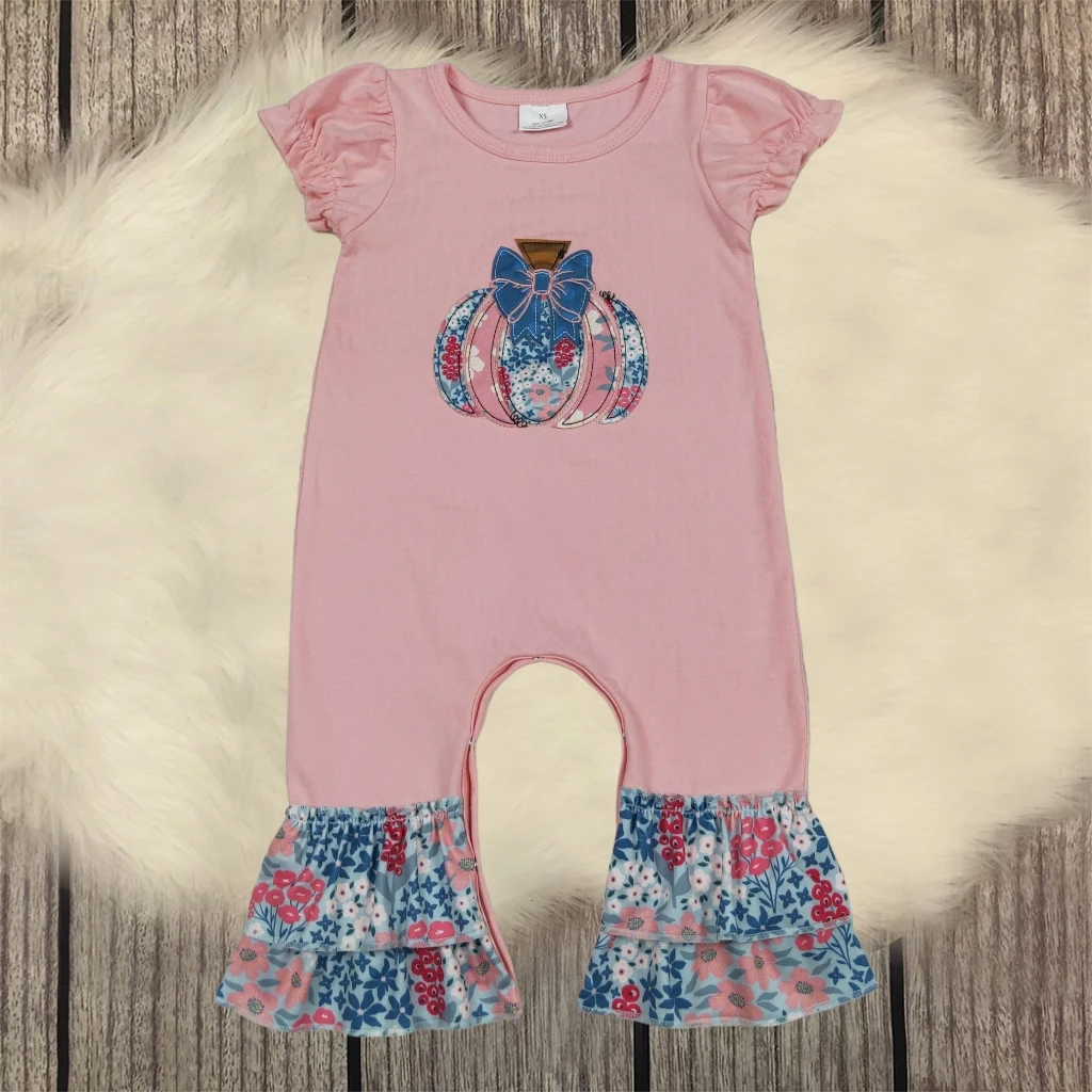 

Toddler Thanksgiving Romper Baby Girl Children Embroidery Pumpkin Bow Floral Newborn Ruffle Flower Coverall Flare Pant Bodysuit