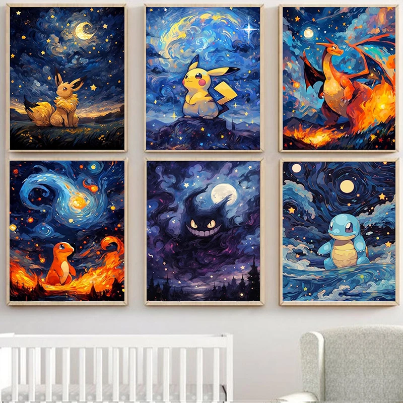 Pokemon Anime Canvas PaintingCharizard Pikachu Gengar Eevee Squirtle Poster Print Mural Picture Wall Art Home Decor Gift Cuad
