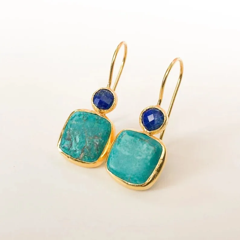 Vintage Court Gold Color Ornate Earrings for Women Creative Ethnic Style Imitation Turquoise Earrings Party Jewelry Gifts