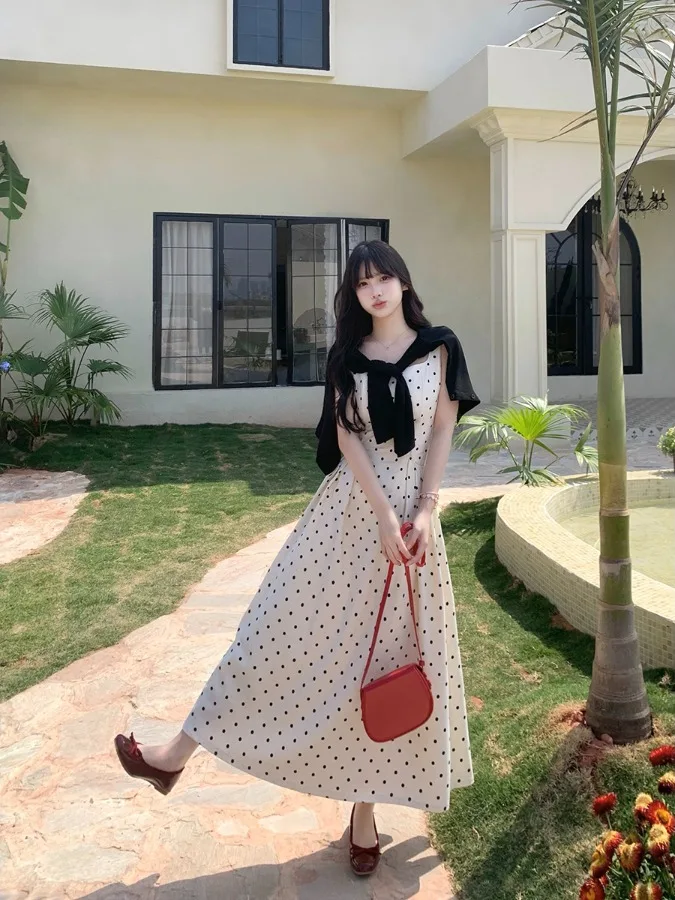 

plus Size Summer Polka Dot Pleated Waist Cinching Dress And Cardigan Set Korean Style Commute High Waist A-Line Skirt