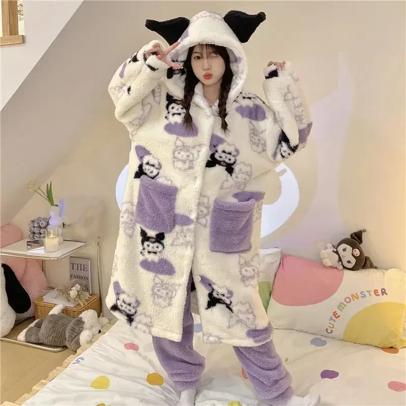 Kawaii Sanrios Kuromi Plush Pajamas Thickened Hooded Home Wear Pajama Set Cartoon Christmas Girl Birthday Gift For Girlfriend