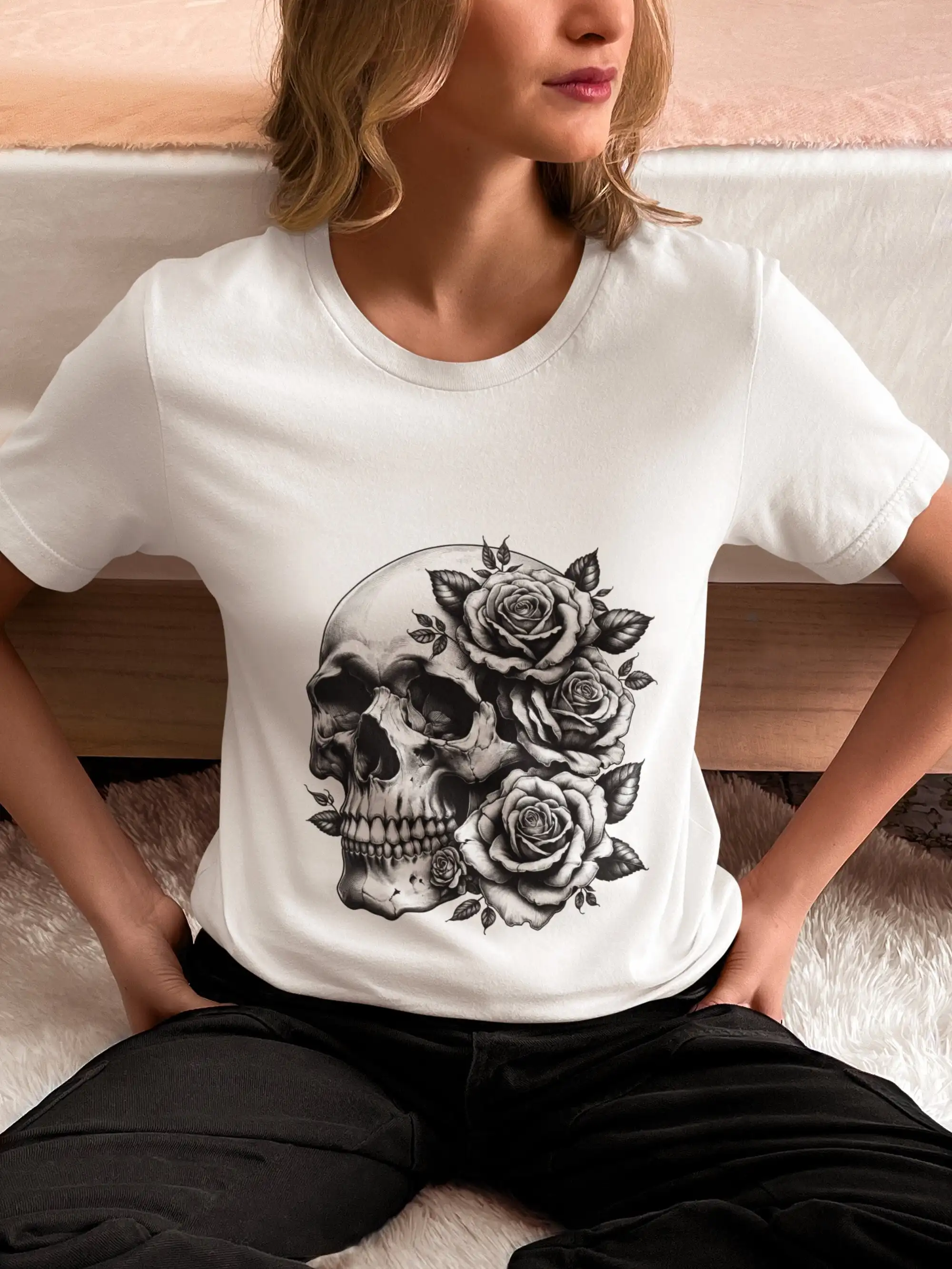 Vintage Inspired Floral Skull T Shirt Gothic Black White Rose Adorned Skeleton Top Unique Artistic Casual Wear Idea