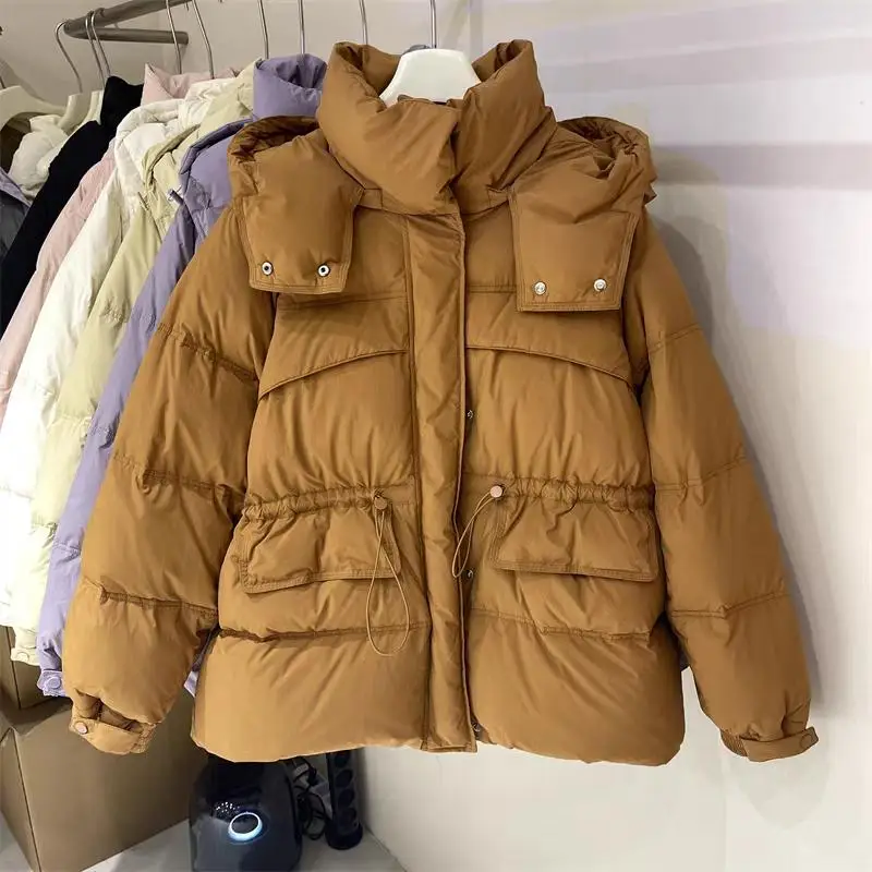 

Women's ort Du down Jaet Thiened Loose Casual Hooded Coat Korean Sle Warm Fce Lined Long Sve Zipper Closure