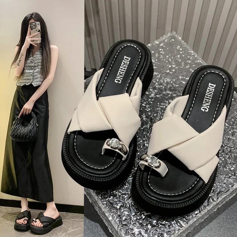 Zapatos de playa para mujer, zapatillas para exteriores, chanclas bajas de goma, plataforma, diapositivas de lujo, Pantofle Sabot atado cruzado, diseño suave hawaiano