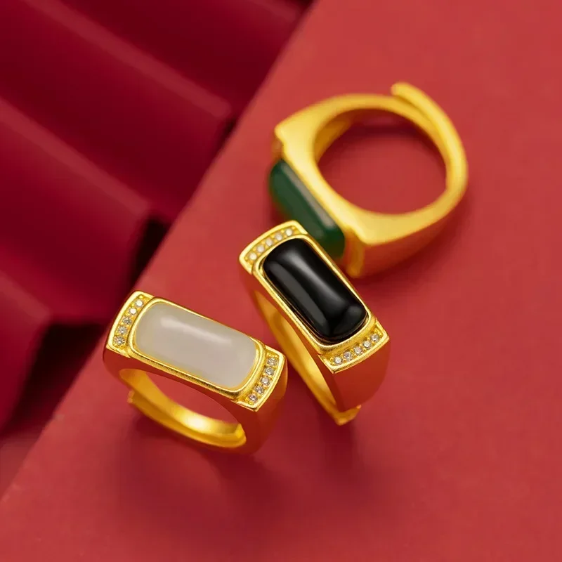 خاتم عقيق صغير مرصع بالذهب الحقيقي عيار 9999 للرجال عيار 24 قيراط من الذهب الخالص طراز عرقي عتيق مباشر