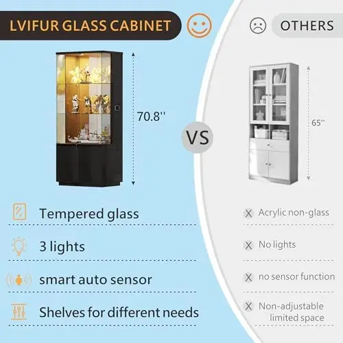 71" Tall Glass Display Cabinet - with LED Lights & Human Sensor, Locking Curio Cabinet with Adjustable Shelves, Modern view 4