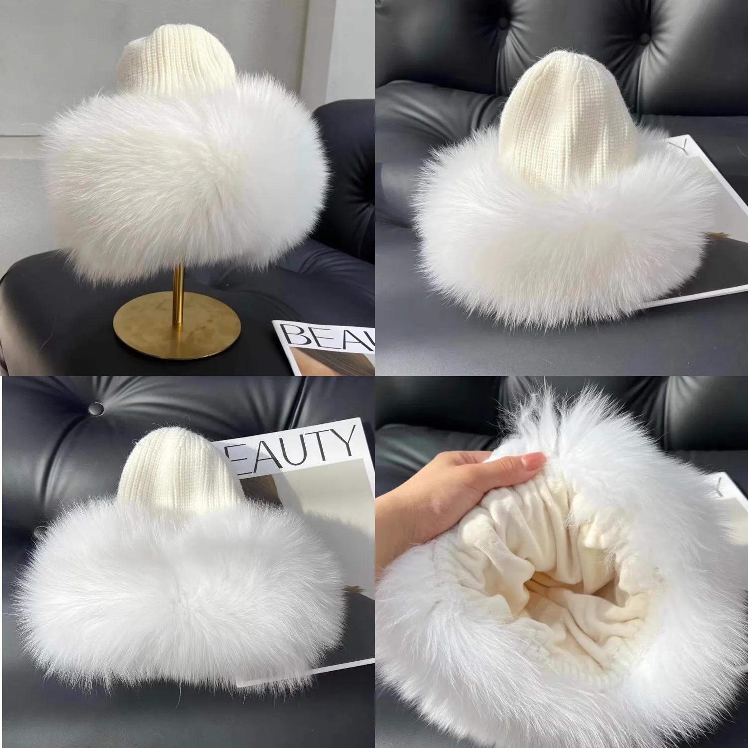 Neue Stilvolle Beanie Fuchs Pelz Hüte für Frauen Winter Warme Flauschigen Knochen Kappe Weiche Außen Dicke Natürliche Fuchs Pelz Hut Weibliche Kuppel Hüte – Detail 5