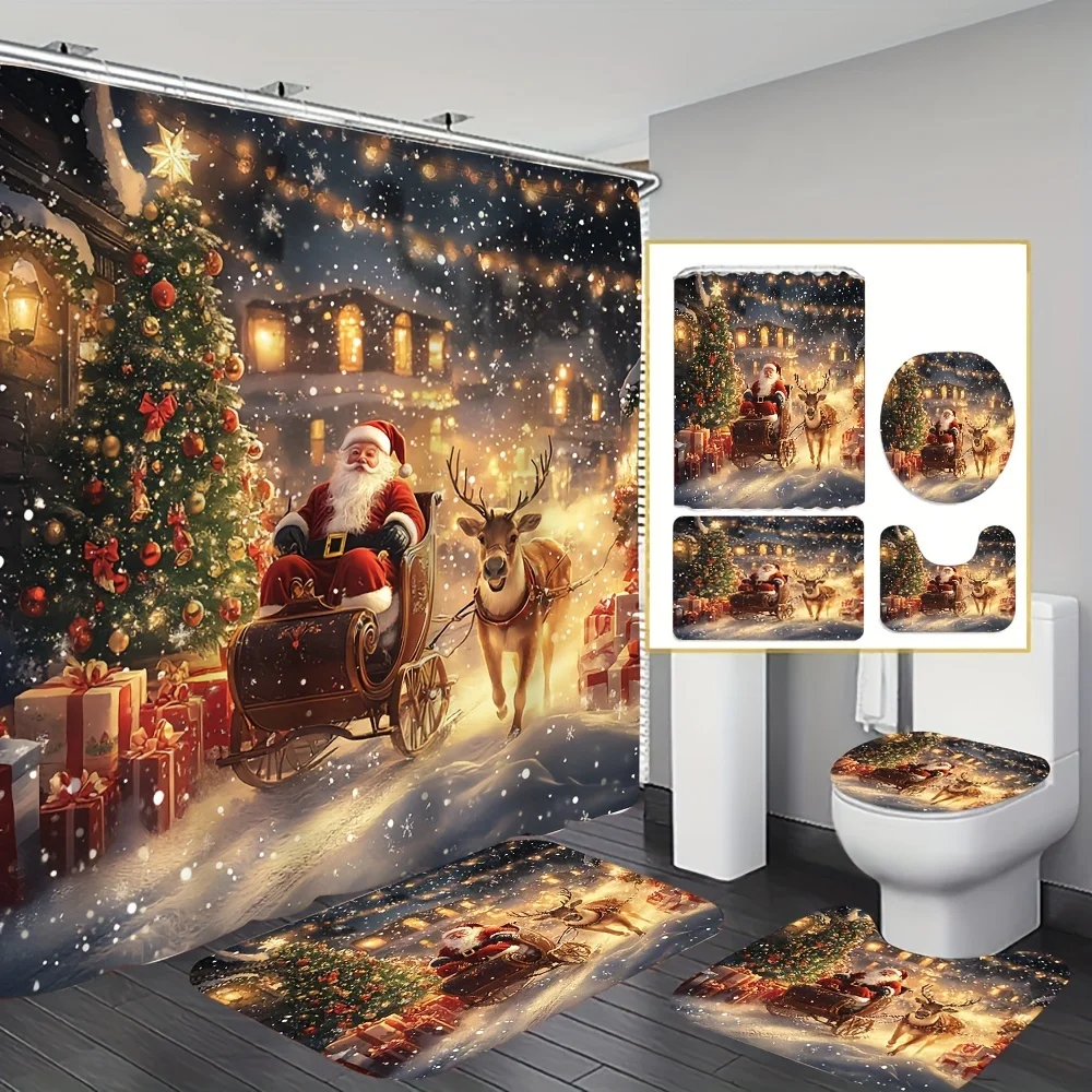 

Рождественский комплект занавесок для душа с елкой, снеговиком и оленем, нескользящим ковриком для ванной, чехлом на сиденье унитаза, праздничным украшением для ванной комнаты